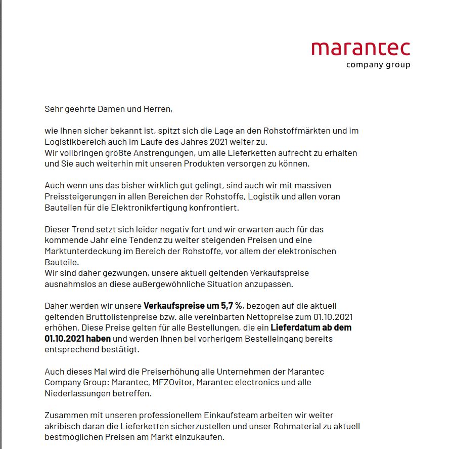 Marantec Preiserhöhung 10.2021