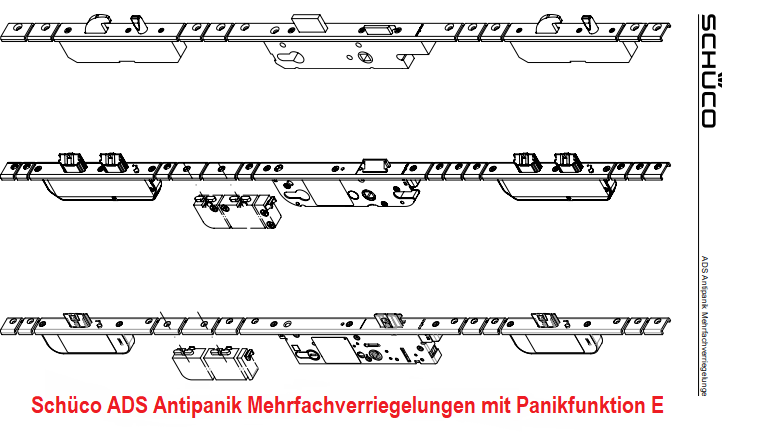 Schüco ADS Antipanik Mehrfachverriegelungen Panikfunktion E, 3 Riegel-Fallenschloss „InterLock“ mit Antipanikfunktion, 4 Riegel-Fallenschloss „SafeMatic“ mit Antipanikfunktion, Antipanik Schwenkhaken-Bolzenschloss