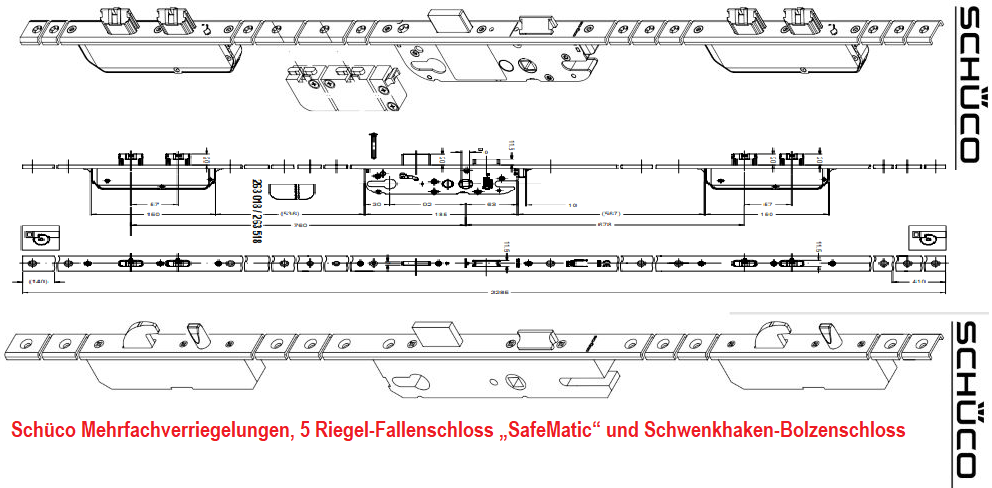 Schüco ADS 65.NI Mehrfachverriegelungen, 5 Riegel-Fallenschloss SafeMatic, Schwenkhaken-Bolzenschloss