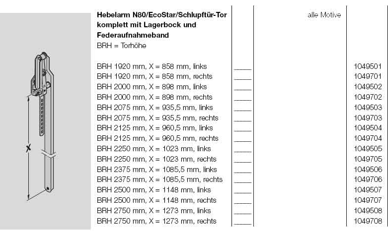 Hörmann Hebelarm für N80 komplett mit Lagerbock  und Federaufnahmeband, X-Maß