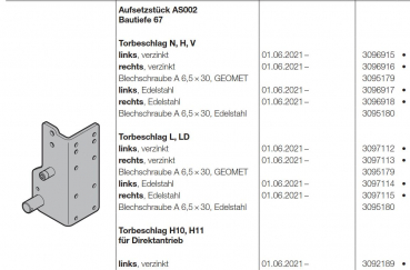 Hörmann Aufsetzstück AS002 Bautiefe 67 rechts, verzinkt, Torbeschlag N, H, V, für Baureihe 60, 3096916