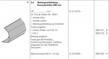 Hörmann Behangverkleidung Konsolenhöhe 290 mm Außen-Rolltor und HG - L, 8991722