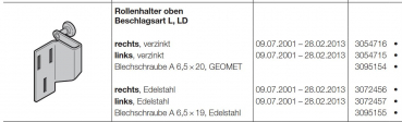 Hörmann Rollenhalter oben rechts Edelstahl von innen gesehen Beschlagsart L, LD Baureihe 40, 50, 3072456