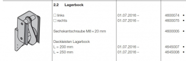 Hörmann Deckleisten Lagerbock L = 250 mm Doppelgaragen-Schwingtor N 500, 4645008