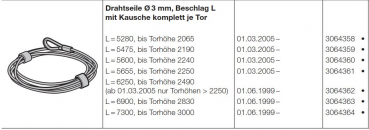 Hörmann Drahtseile (1 Paar) Durchmesser 3 mm mit Kausche kpl. L = 5280 mm, Beschlag L bis Torhöhe 2065 mm, 3064358