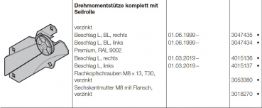 Hörmann Drehmomentstütze kpl. mit Seilrolle Beschlag L, BL Ausführung links (von innen gesehen) für Baureihe 40, 3047434