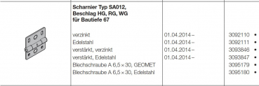 Hörmann Beschlagteile für Torglieder Scharnier Typ SA012 Edelstahl Beschlag HG-RG-WG für Bautiefe 67 für die Industrie-Baureihe 50, 3092111