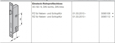 Hörmann Einsteck-Rohrprofilschloss 40-92-9 DIN recSchlupftür der Industrietor Bhts DIN links RZ für Neben- und aureihe 50, 3095108