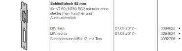 Hörmann Schließblech 92 mm DIN Links für NT 60-NT60 RC2 mit oder ohne elektrischen Türöffner und Austauschstück für die Industrietor-Baureihe 50, 3094625