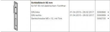 Hörmann Schließblech 92 mm DIN Links für NT 60 mit elektrischem Türöffner für die Industrietor-Baureihe 50, 3093890