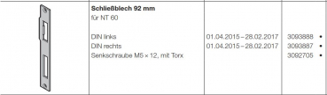 Hörmann Schließblech 92 mm DIN Links für NT 60 für die Industrietor-Baureihe 50, 3093888