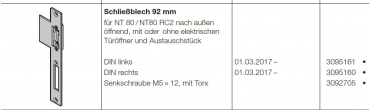 Hörmann Schließblech 92 mm DIN links für NT 80-NT80 RC2 nach außen öffnend mit oder ohne elektrischen Türöffner und Austauschstück für die Industrietor-Baureihe 50, 3095161