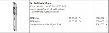 Hörmann Schließblech 92 mm DIN Links für Schlupftür oder NT 80-NT80 RC2 nach innen öffnend mit elektrischem  Türöffner und Austauschstück für die Industrietor-Baureihe 50, 3095157