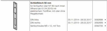 Hörmann Schließblech 92 mm DIN Rechts für Schlupftür oder NT 80 nach innen öffnend ab 01.04.2015 mit elektrischem Türöffner mit oder ohne Riegelkontakt für die Industrietor-Baureihe 50, 3092689