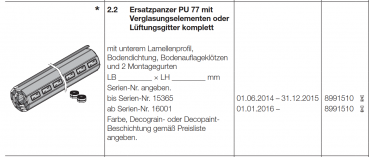 Hörmann Ersatzpanzer PU 77 mit  Verglasungselementen oder  Lüftungsgitter komplett Innen-Rolltor und Rollgitter RollMatic handbetätigt, bis Serien-Nr. 15365 , 8991510