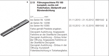 Hörmann Führungsschiene FS 100 komplett, rechts mit  Federhaken, Gleitprofil und Bürstendichtung, 8991542