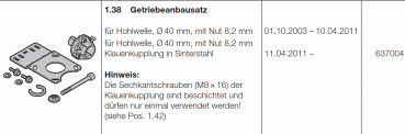 Hörmann Getriebeanbausatz für Hohlwelle, Ø 40 mm mit Nut 8,2 mm, Klauenkupplung in Sinterstahl, 637004