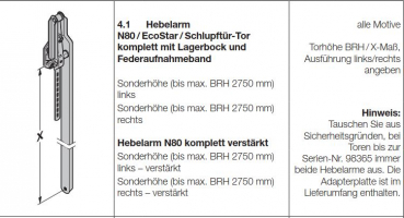 Hörmann Hebelarm N80 komplett für die Torhöhe 2000 mm von innen gesehen rechts, 1049702