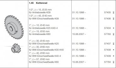 Hörmann Kettenräder für Roll und Rollgittertorantrieb, 57784, 57409, 57405, 57406, 57404, 57783, 57407, 57408