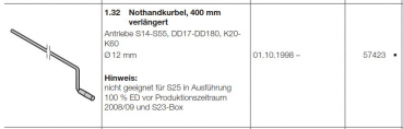 hörmann Ersatzteile für Roll-und Rolltorantriebe:  Nothandkurbel, 400 mm verlängert  Antriebe S14-S55, DD17-DD180, K20- K60, Ø 12 mm, 57423