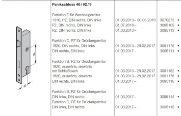 Hörmann Panikschloss 1316 (40 / 92 / 9 / 24) RZ, für Wechselgarnitur DIN rechts / DIN links Funktion E , 3091711, 3095113