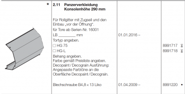 Hörmann Panzerverkleidung Konsolenhöhe 290 mm HG 75, 8991717