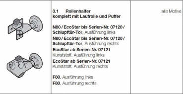 Hörmann Rollenhalter komplett mit Laufrolle und Puffer F80, rechts, 1284004