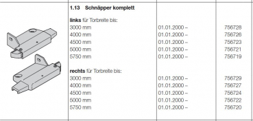 Hörmann Schnäpper komplett links für Torbreite 4000 mm für Berry DF 98 , 756726