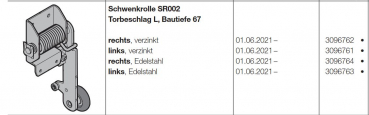 Hörmann Schwenkrolle SR002 Torbeschlag L, Bautiefe 67 links verzinkt BR 60, 3096761