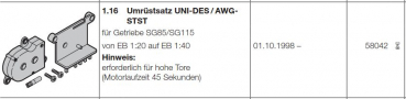 Hörmann Ersatzteile für Roll-und Rolltorantriebe:  Umrüstsatz UNI-DES/AWG-STST für Getriebe  SG85/SG115 von EB 1-20 auf EB 1-40, 58042