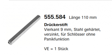 Jansen-Economy 60 RC Türen Drückerstift Vierkant 9 mm, Stahl gehärtet, Länge 110 mm, Artikelnummer 555.584