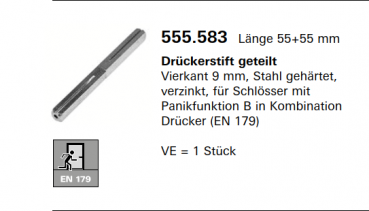 Jansen-Economy 60 RC Türen Drückerstift Vierkant 9 mm, Stahl gehärtet, Länge 55+55 mm, Artikelnummer 555.583