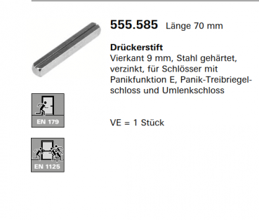 Jansen-Economy 60 RC Türen Drückerstift Vierkant 9 mm, Stahl gehärtet, Länge 70 mm, Artikelnummer 555.585