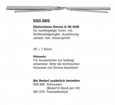 Jansen-Economy 60 RC Türen Gleitschiene Dorma G 96 GSR für zweiflügelige Türen, Artikelnummer 550.665