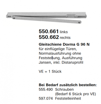 Jansen-Economy 60 RC Türen Gleitschiene Dorma G 96 N für einflügelige Türen, Artikelnummer 550.661 links