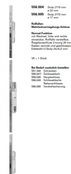 Jansen-Economy 60 RC Türen Mehrfachverriegelungs-Schloss Normal-Funktion, Stulp 2170 mm ø 22 mm, Artikelnummer 556.004