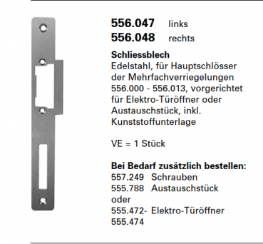 Jansen-Economy 60 RC Türen Schliessblech Edelstahl, für Hauptschlösser der Mehrfachverriegelungen, Artikelnummer 556.047