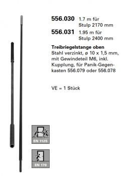 Jansen-Economy 60 RC Türen Treibriegelstange oben Stahl verzinkt, ø 10 x 1,5 mm, 1,7 Meter, Stulp 2170 mm, Artikelnummer 556.030