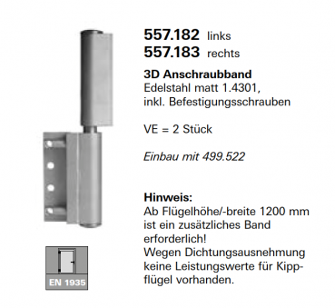 Jansen Janisol Arte 2.0, 3D Anschraubband, Edelstahl matt 1.4301, Artikel Nr. 557.182 links