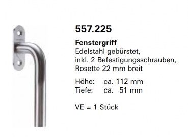 Jansen, Janisol Arte 66, Fenstergriff Edelstahl gebürstet, inkl. 2 Befestigungsschrauben, Rosette 22 mm breit, 557.225