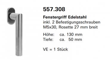 Jansen, Janisol Arte 66, Fenstergriff Edelstahl inkl. 2 Befestigungsschrauben M5x30, Rosette 27 mm breit, 557.308