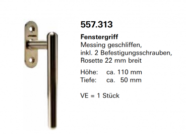 Jansen, Janisol Arte 66, Fenstergriff Messing geschliffen, inkl. 2 Befestigungsschrauben, Rosette 22 mm breit, 557.313