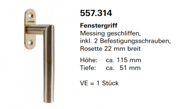 Jansen, Janisol Arte 66, Fenstergriff Messing geschliffen, inkl. 2 Befestigungsschrauben, Rosette 22 mm breit, 557.314