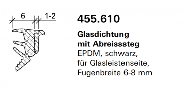 Jansen, Janisol Arte 66, Glasdichtung mit Abreisssteg EPDM, schwarz, für Glasleistenseite, 455.610, Fugenbreite 6-8 mm