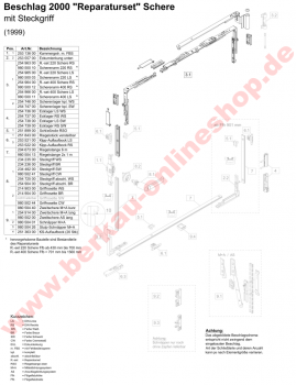 Schüco Scherenarm 220 mm rechts, 98050010, Beschlag 2000 Reparaturset, Schere mit Steckgriff