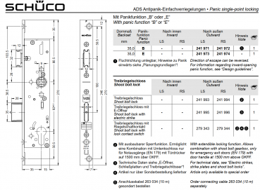 Schüco Antipanik Riegel-Fallenschloss, 241 974, ADS nach außen RS, mit Panikfunktion E