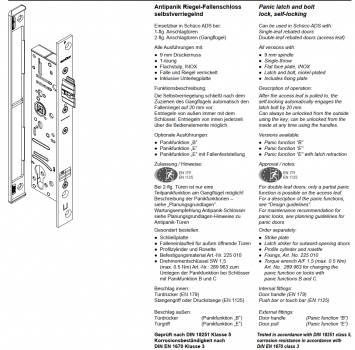 Schüco Antipanik Riegel-Fallenschloss selbstverriegelnd, 241 833, ADS, nach innen RS, mit Panikfunktion B