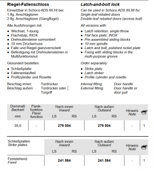 Schüco Riegel-Fallenschloss, 279 504, ADS 65.NI