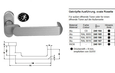 Schüco Türdrücker, Türgriff für Antipanikschlösser mit 9er Nuss, 240164, gekröpft