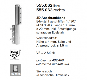 Schüco Jansen 3D Anschraubband  Edelstahl geschliffen 1.4307 (AISI 304L),links, Artikelnummer 555.062, Janisol HI Türen